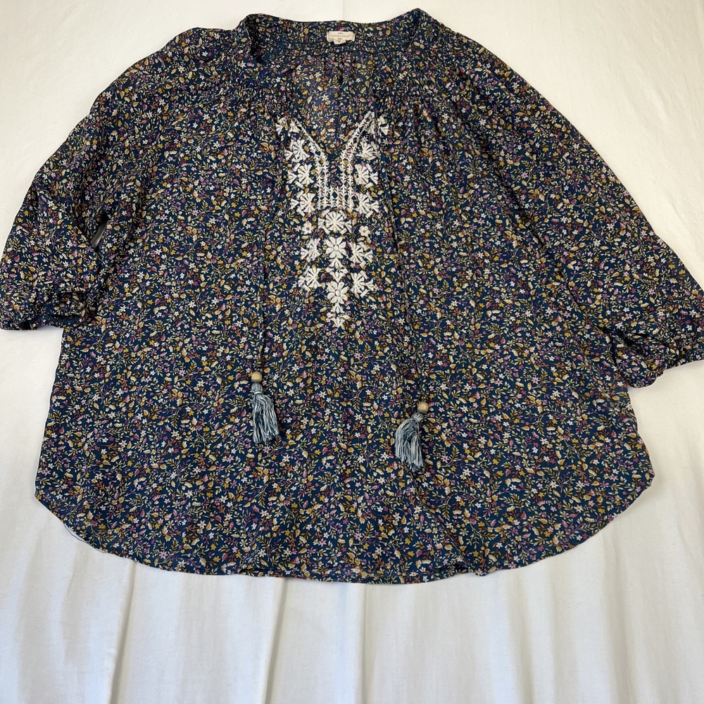 Mason & Belle Navy Blue Floral Embroidered Tassel Peasant Blouse 1X Womens